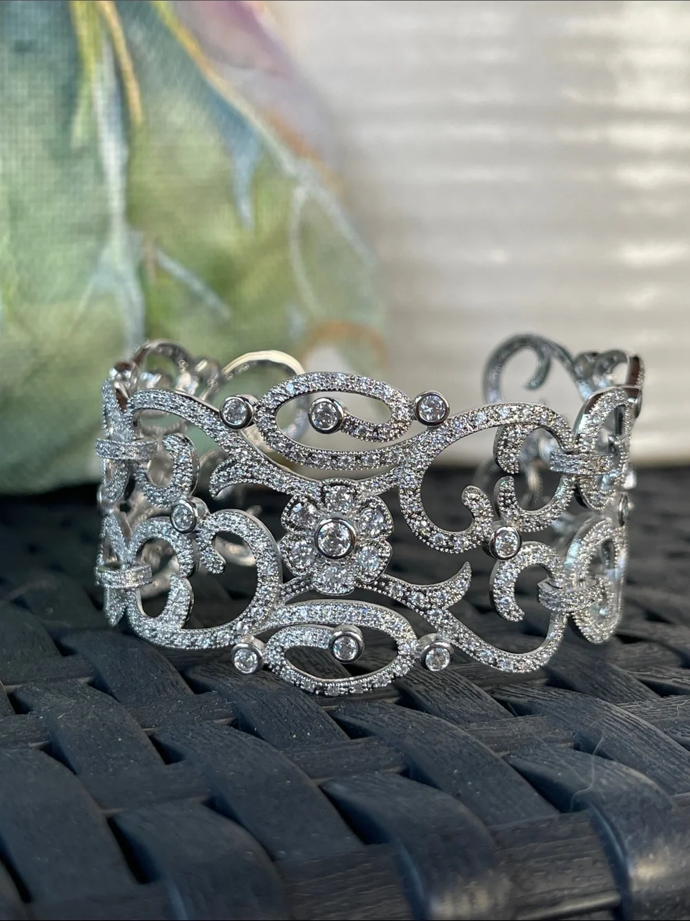 Cubic Zirconia - Silver Scroll Cuff Bracelet